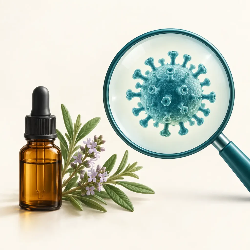 Flacone di olio essenziale, pianta aromatica e virus osservato con una lente: illustrazione della ricerca antivirale.